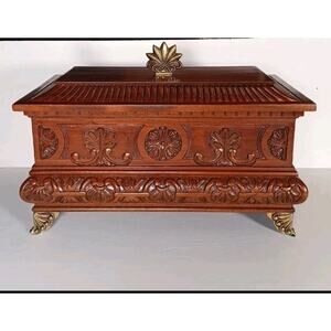 Maitland Smith Hinged Mahogany Box Ornate Chest with Brass Feet & Finial